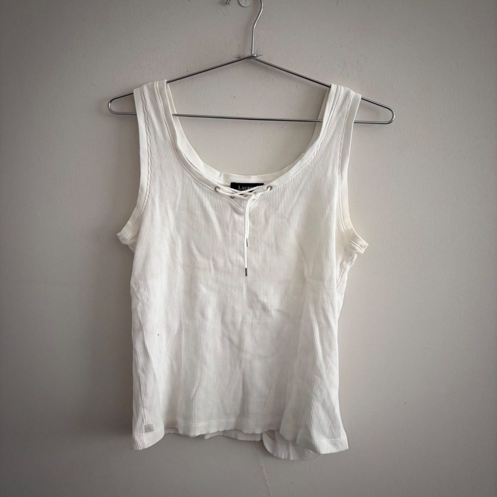 Lauren Ralph Lauren White Ribbed Lace Up Tank Top Sleeveless Shirt